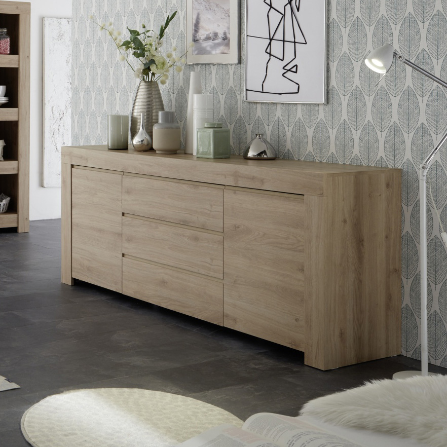 Credenza Moderna, Madia di Design, 2 ante e 3 cassetti, Bianco Lucido