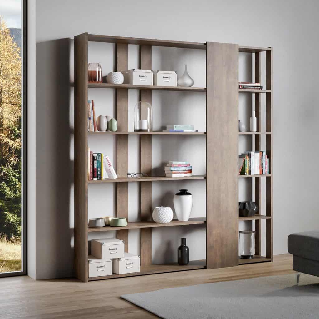 Kato - Libreria da parete moderna con pannello porta tv in legno cm  178x34x204h