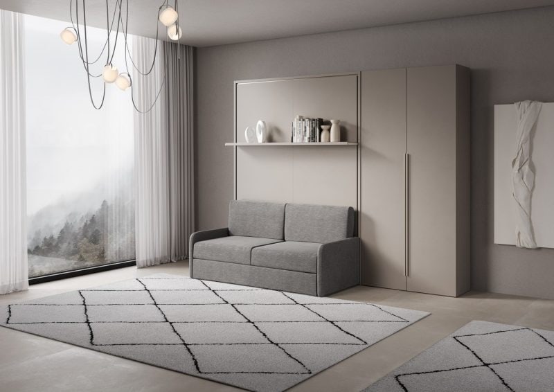 Letto a scomparsa matrimoniale con divano, mensola e armadio due ante 160x200 Versia - immagine 5